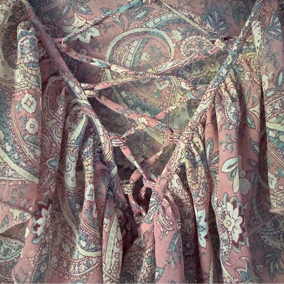 Show Me Your MuMu Sheer Long Sleeve Peasant Top Floral Paisley Lace Up Neckline - Picture 4 of 13